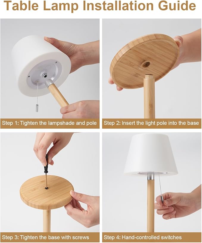 Outdoor Waterproof Table Lamp for Patio, Small Cordless Battery-Operated Lamp, Rechargeable Shower Light, 3 Lighting Modes Desk Light with Pull Chain Garden Outside Camping Bathroom, Wood Grain