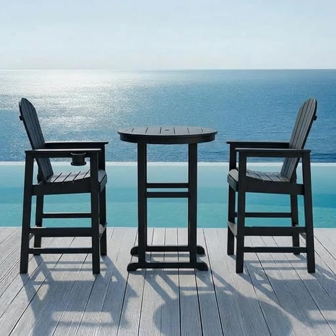 3-Piece HDPE Bar Height Table and Chairs Set, 31.1" Square High Top Pub Table with Umbrella Hole, 2 Adirondack Charis with Cup Holders, Outdoor Patio Dining Set for Bistro Backyard Deck Black