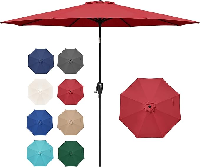 Simple Deluxe 9ft Patio Umbrella Outdoor UV-proof, Table Market Umbrella with Push Button Tilt and Crank, 8 Sturdy Ribs for Garden, Backyard, Pool, Deck, Red