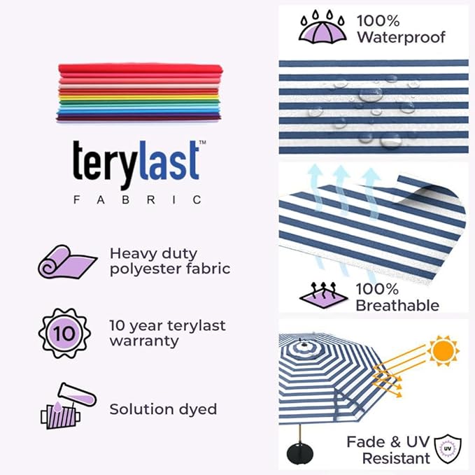 Midtown Umbrellas The LED Swilt 8 Feet Patio Umbrella With Terylast Navy Stripes (Navy/White) Polyester Fabric - Auto-Tilt Aluminum Frame With LED Lights For Backyard, Deck, Garden, Pool - Black Pole