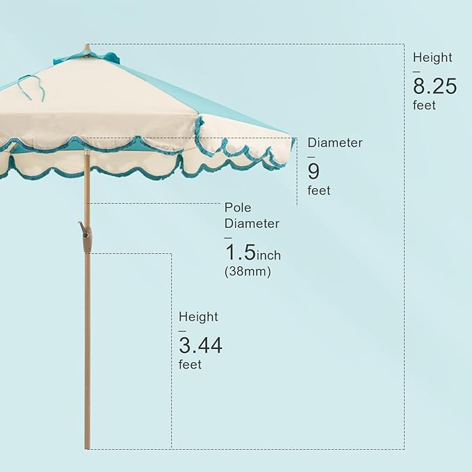 Tempera 9ft Scalloped Patio Umbrellas with Fringe, Market Umbrellas with Water-Resistant and Fade Resistant Canopy, 1.5" Wood Pole & Button Tilt.