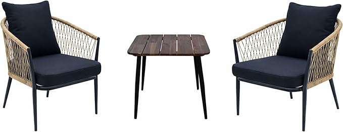 Alpine Corporation VTFAM166A 3-Piece Outdoor Patio Bistro Set – Wooden Accent Table & 2 Wicker Armchairs with Seat & Back Cushions – Modern Indoor/Outdoor Conversation Set, Natural & Black
