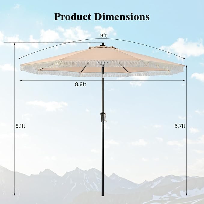 Tangkula 9Ft Patio Umbrella with Fringe, 2-Tier Outdoor Boho Umbrella with Tassels, Crank Handle, Push Button Tilt, Sun-Protective Canopy, 8 Ribs for Deck Backyard Poolside