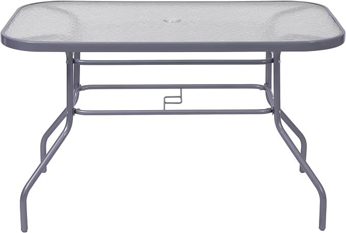EMMA + OLIVER Tala Patio Dining Table - Silver Metal Frame - 31.5" x 55" Square Tempered Glass Top - Umbrella Hole - Suitable for Indoor/Outdoor Use