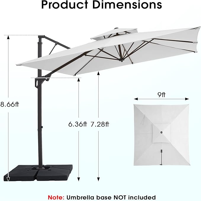 JEAREY 9ft 2-Tier Cantilever Patio Umbrella, Large Square Outdoor Offset Umbrella with Double Top Vent and 360-degree Rotation for Garden, Deck, Pool, Patio, Cream White