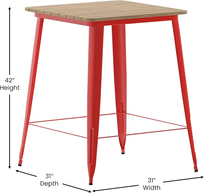 BizChair Commercial Outdoor Dining Table Bar Height, All Weather Poly Resin Top with Steel Base, 31.5" Square, Brown/Red