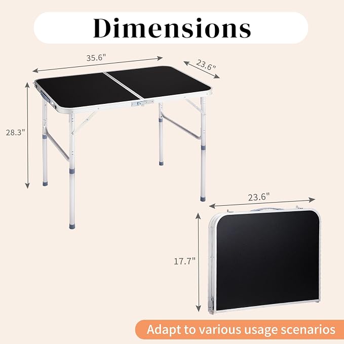 3 Feet Adjustable Height Small Folding Table with Carrying Handle, Lightweight Portable Picnic Table for Outdoor Indoor Camping BBQ Fishing Beach Use, MDF Tabletop, Black 5Pcs, Aluminum Frame