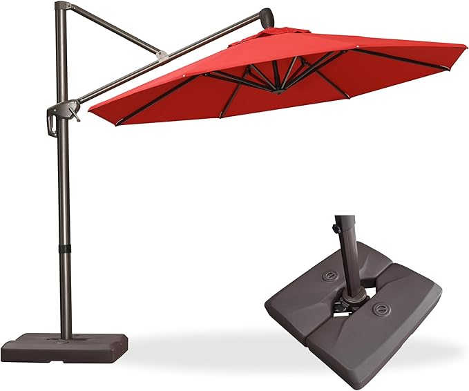 PURPLE LEAF 10' X 10' Cantilever Patio Umbrella with Base Included Round Umbrella with 360° Rotation Aluminum Outdoor Offset Hanging Umbrella for Patio Pool, Red