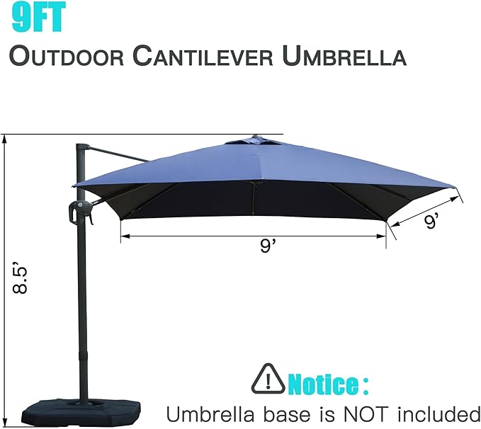 Domi 9’x9’ Cantilever Patio Umbrella, Aluminum Windproof Outdoor Umbrella with 360°Rotation, Square Offset Sun Shade Umbrella for Outside Deck Backyard Garden Pool, Navy Blue