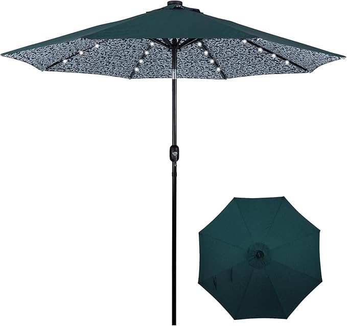 Backyard Expressions 9FT Solar Patio Umbrella with 32 LED Lights, UPF50+ UV Protection, Fade-Resistant Fabric, Easy Tilt & Crank, Outdoor Umbrella for Patio, Deck & Pool (Base Not Included)