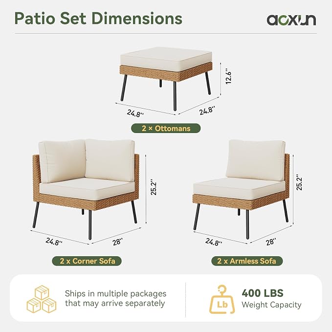 Aoxun 6 Piece Patio Furniture Set, 6 Seats Outdoor Sectional Sofas with Thick Cushion, Wicker Outdoor Patio Furniture Set with Ottomans for Party, Garden, Backyard, Beige