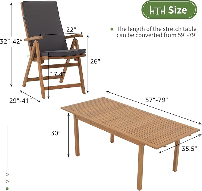 OC Orange-Casual 7 Piece Patio Dining Set, Outdoor Acacia Wood Furniture Set w/Extendable Rectangular Table and 6 Foldable Reclining Chair, Solid Wood, for Deck Garden Backyard, Dark Grey