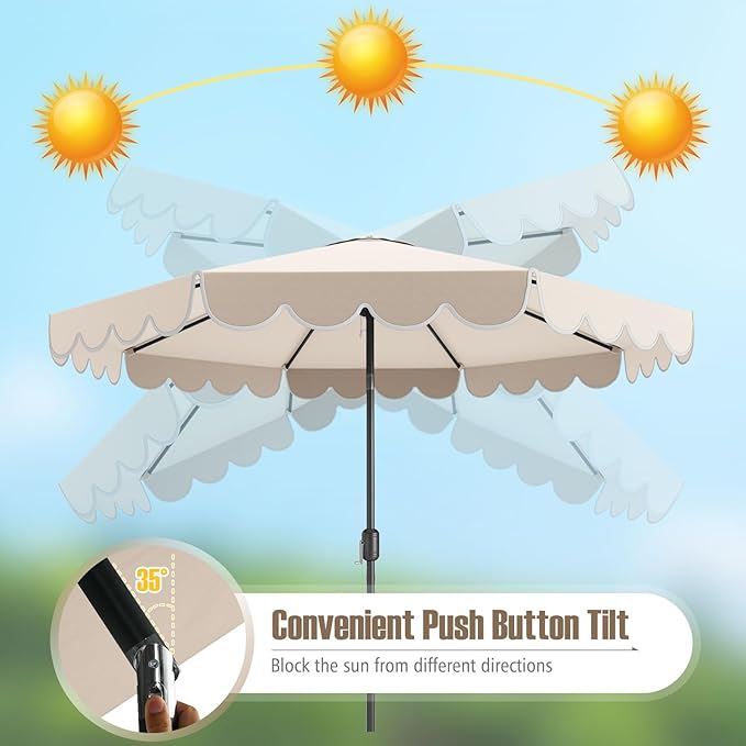 Tangkula 10 FT Patio Umbrella, 2-Tiers Scalloped Outdoor Table Market Umbrella with Tilt Adjustment, Crank, 8 Sturdy Ribs for Pool, Deck, Backyard (Beige)