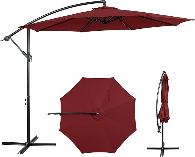 10FT Offset Patio Umbrella, Cantilever Hanging Umbrella with Infinite Tilt, Fade-Resistant Water-Repellent Canopy & Cross Base for Yard, Garden & Deck