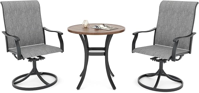Anmutig 2 Piece Grey Textilene Patio Swivel Rocker Chairs with 27.5" Brown Top Round Table Small Outdoor Set - Style1