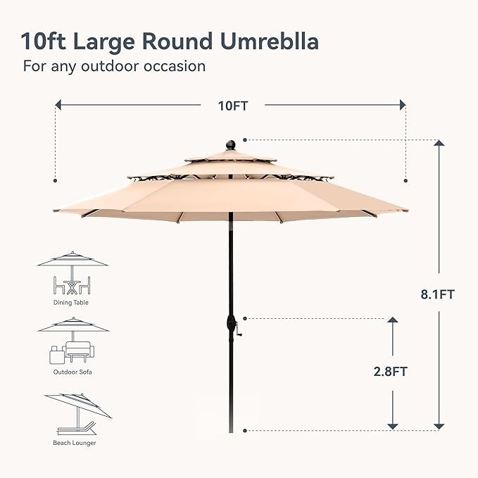 PHI VILLA Outdoor Patio Dining Set for 4 with 10ft 3-Layer Auto-tilt Round Umbrella(Beige),Includes 4 Outdoor Swivel Chairs with Cushions and a Metal Round Table, Perfect for Garden, Lawn, or Deck