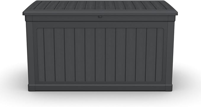 Large Outdoor Storage Deck Box, Resin Patio Container with Lockable Lid, Hydraulic Lift, Wood Texture Panels, Bench Table Function for Cushions Garden Tools Pool Gear Sports Equipment (230 Gallon)