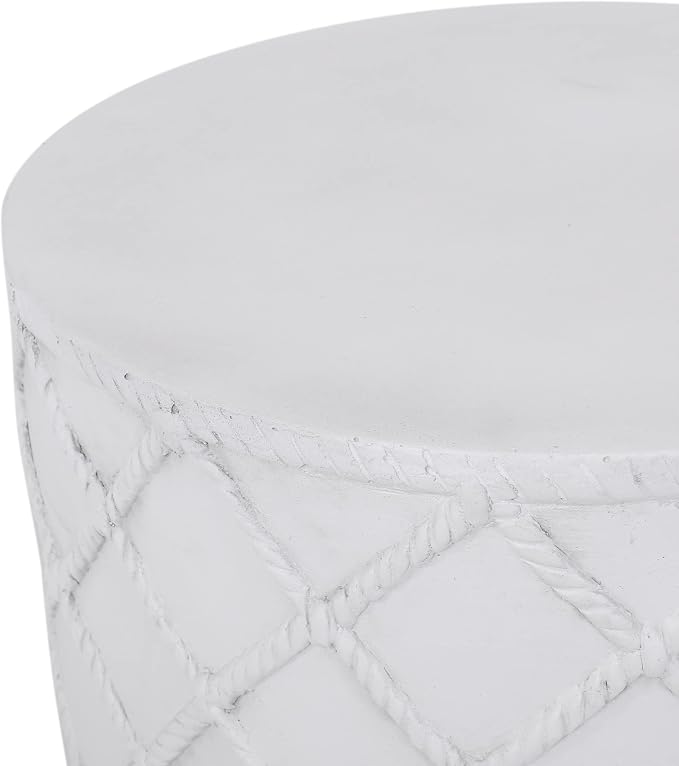 Merax Round Cylindrical End Table 15" Dx18 H Outdoor Patio Lightweight Concrete Side Table Modern Aesthetic Accent Table, Grid Pattern, Antique White