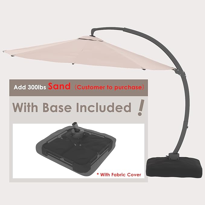 ENSTVER 12FT Solar Powered LED Light Cantilever Patio Umbrella With Base Included, Round Large Aluminum Outdoor Cantilever, Heavy Duty Offset Umbrella with 360°Rotation for Pool, Deck, Backyard