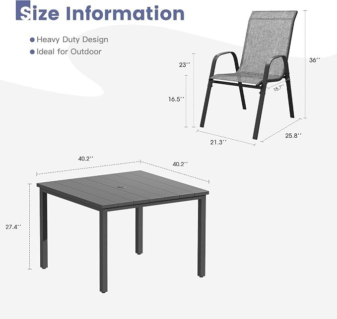 VICLLAX Square Outdoor Patio Dining Set, Metal Slatted Patio Table with Umbrella Hole and 4 Stackable Patio Chairs for Deck Lawn Garden, Grey Fabric and Dark Grey Tabletop