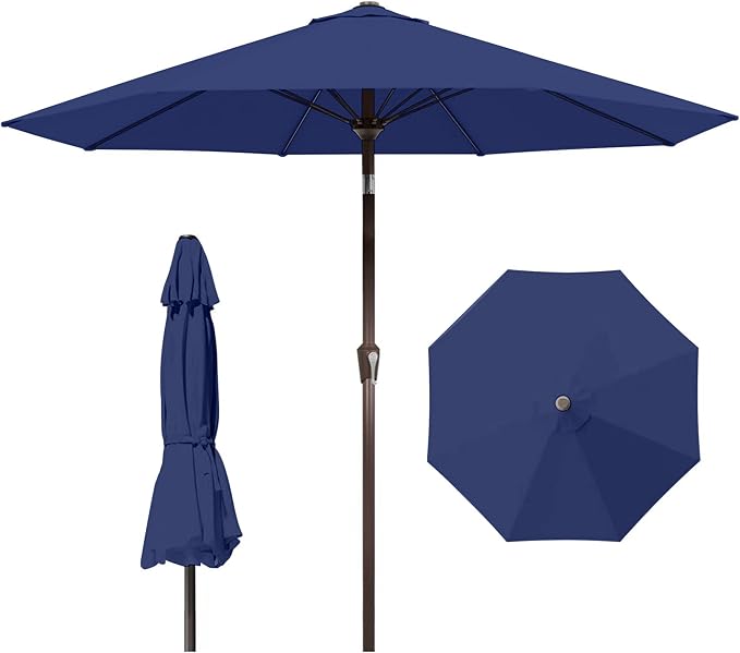 9ft Patio Umbrella with Push Button Tilt and Crank,Outdoor Market Table Umbrella UV Protection 8 Sturdy Ribs for Backyard,Garden,Pool,Deck(Navy)