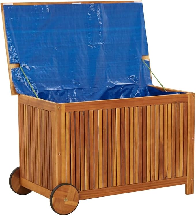 Outdoor Storage Box with Wheels, Wooden Patio Deck Box, Outdoor Cushion Storage Container Bin Chest for Patio Cushions, Outdoor Gardening Tools, 35.4"x19.7"x22.8" Solid Wood Acacia
