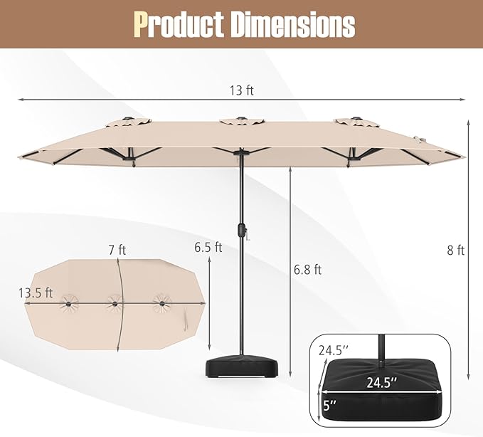 Tangkula 13FT Double-sided Patio Umbrella, Extra Large Twin Table Umbrella with Crank Handle, Umbrella Base, Safety Lock, Air Vent, Outdoor Market Umbrella for Garden Pool Backyard (Beige)