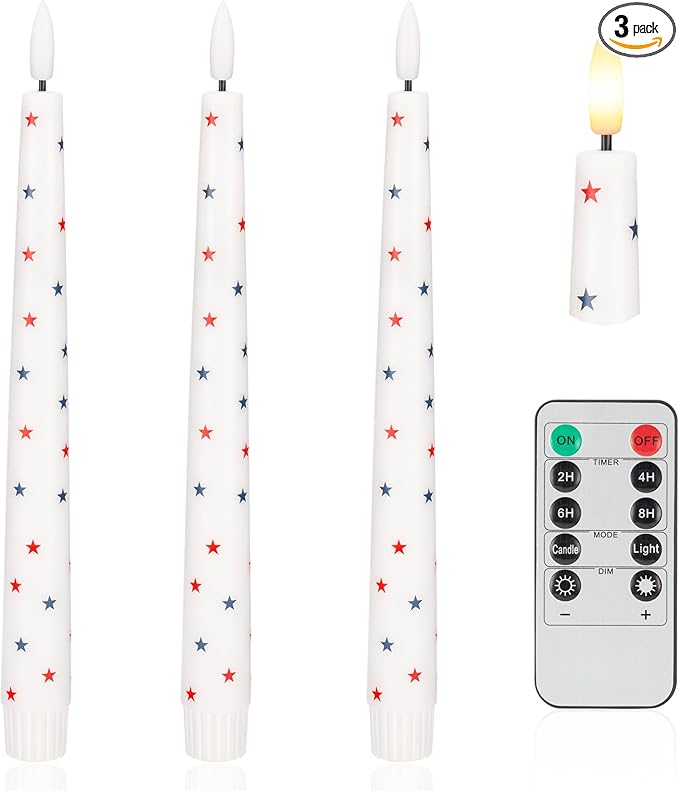 4th of July Candles, Flameless Taper Candles with Remote, 9.6" Red White and Blue Star Candles, Real Wax Flickering Independence Flameless Candles, Patriotic Candles, Battery Candles, Set of 3