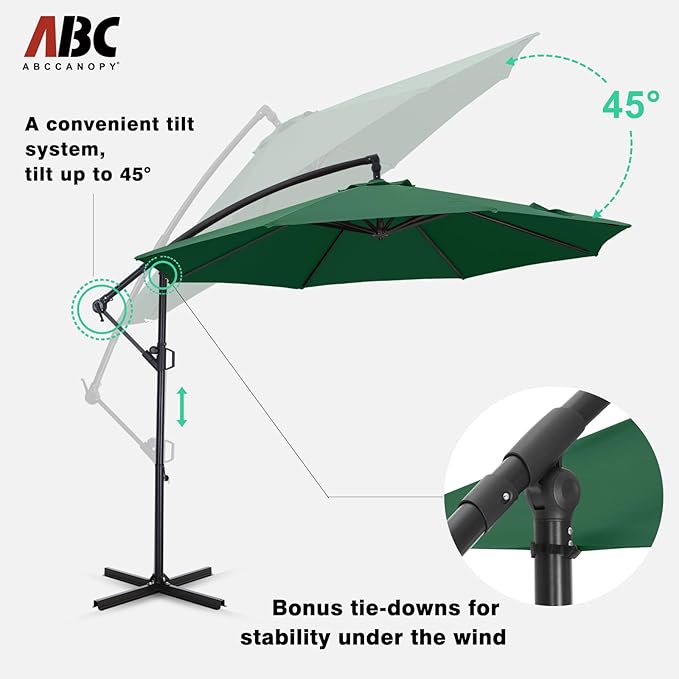 ABCCANOPY 10FT Cantilever Patio Umbrella with base included, 360° Rotation Outdoor Offset Umbrella for Backyard, Deck, Poolside (Green)