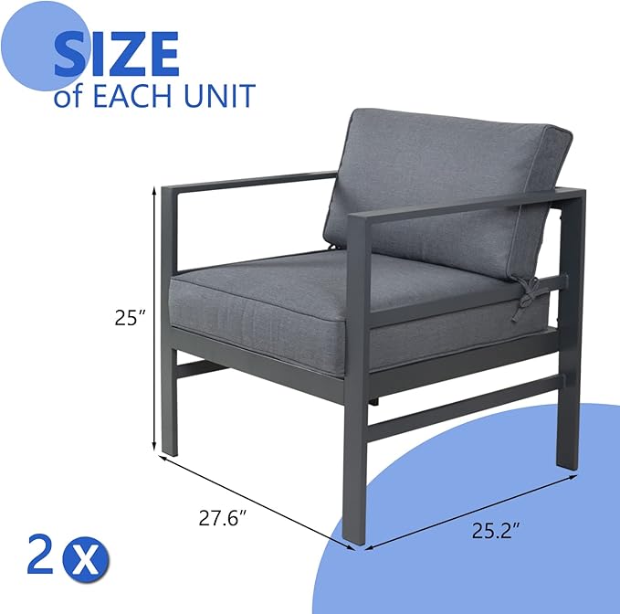 2 PCS Aluminum Modern Outdoor Patio Club Chair Set, Grey Cast Aluminum, All-Weather, Sectional Sofa, 27.6*25.2*25 inches, 400 lbs, Grey, Resistant, Sturdy, Waterproof