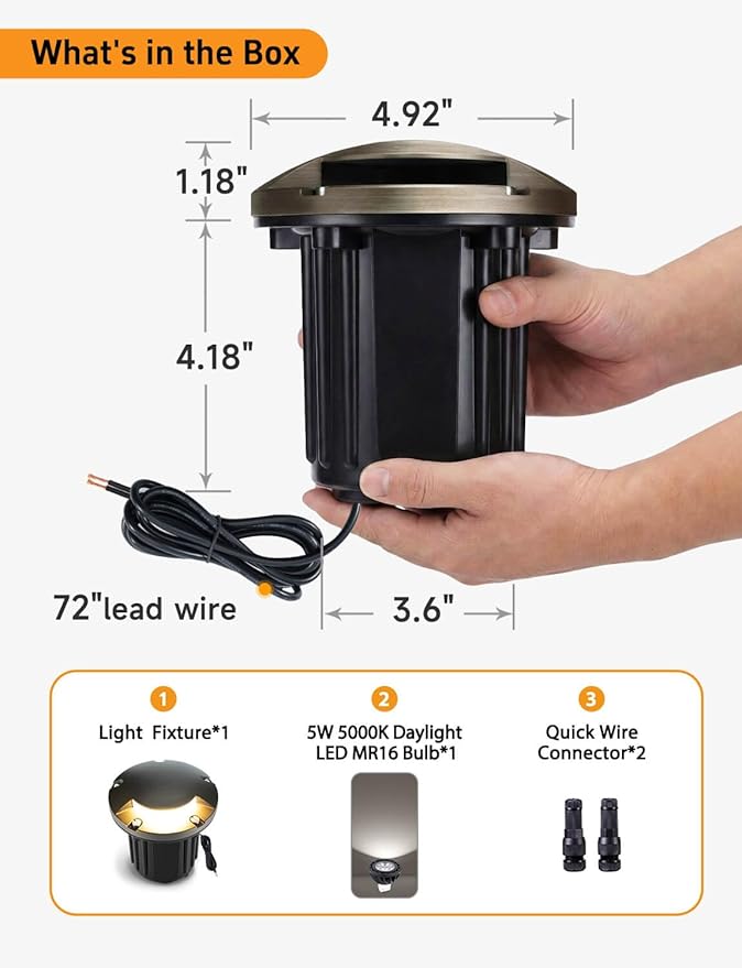Gardenreet Landscape In Ground Well Lights - Brass Ip65 Electric LED Low Voltage Lights, 12V Wired Fixture, Antique Bronze for Patio Driveway Walkway with 5000K Daylight White MR16 Bulb