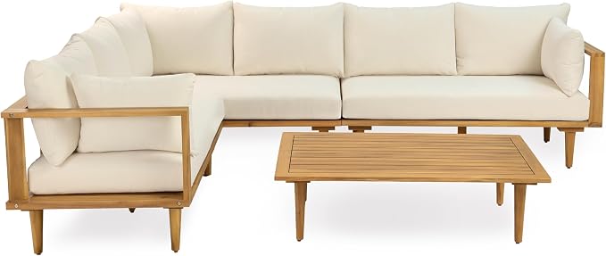 Christopher Knight Home Flynn Acacia Wood Patio Furniture Set, 6-Seater L-Shaped Sectional Sofa Set and Small Coffee Table, Outdoor Conversation Set for Backyard Poolside Balcony, Natural+Beige