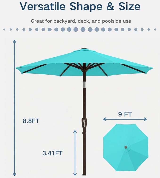 PatioKingdom Auto-Tilt 9FT Patio Umbrella Outdoor with 8 Sturdy Fiberglass Ribs,Market Table Umbrella for Pool,Backyard,Deck and Garden