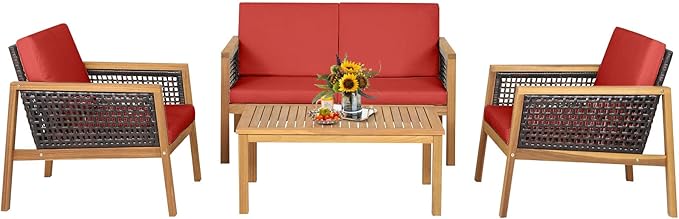 HAPPYGRILL 4 Pieces Patio Conversation Set Acacia Wood Furniture Set with Coffee Table, PE Rattan Wicker Sofa Set with Soft Cushions for Outdoor Garden Deck Poolside
