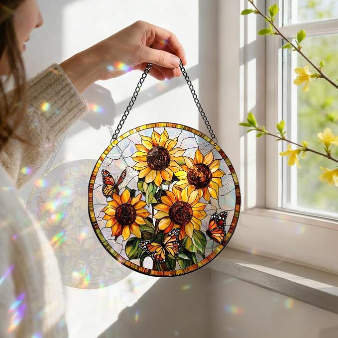 Acrylic Suncatcher, Sun Catchers Indoor Window Decor, 7.87 inch | Sunflower & Butterfly Acrylic Rainbow Suncatchers for Window Hanging, Mothers Day, Birthdays, Housewarming Gifts for Women