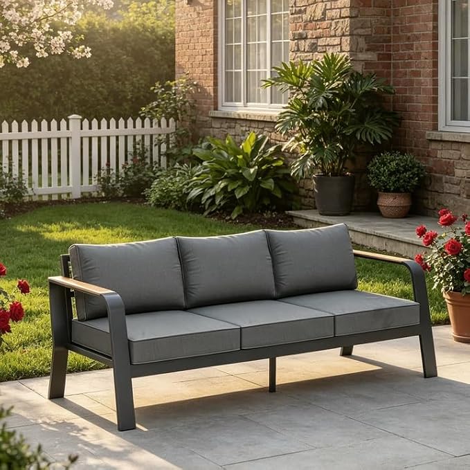 Garvee Outdoor Aluminum Patio Furniture 1 Pcs 3-Seat Outdoor Furniture All-Weather Metal Modern Outside Sofa with Washable Thick Cushion for Garden, Balcony, Deck, Backyard, Dark Grey
