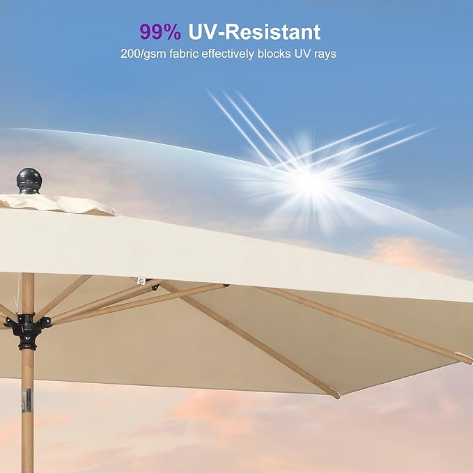 PURPLE LEAF 6.5' x 10' Outdoor Umbrella with Base Patio Umbrella Rectangular Outdoor Table Umbrella with Push Button Tilt & Crank and 8 Ribs Aluminum Market Umbrella for Backyard Deck, Beige
