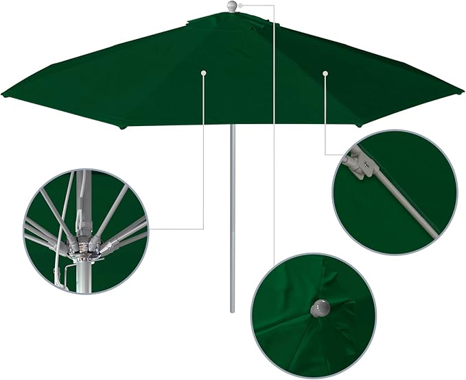 California Umbrella 11Ft Commercial Grade Sunbrella Fabric Market Umbrella, Pulley Lift, Aluminum/Fiberglass, 2mm pole wall, Silver Frame, Forest Green Fabric