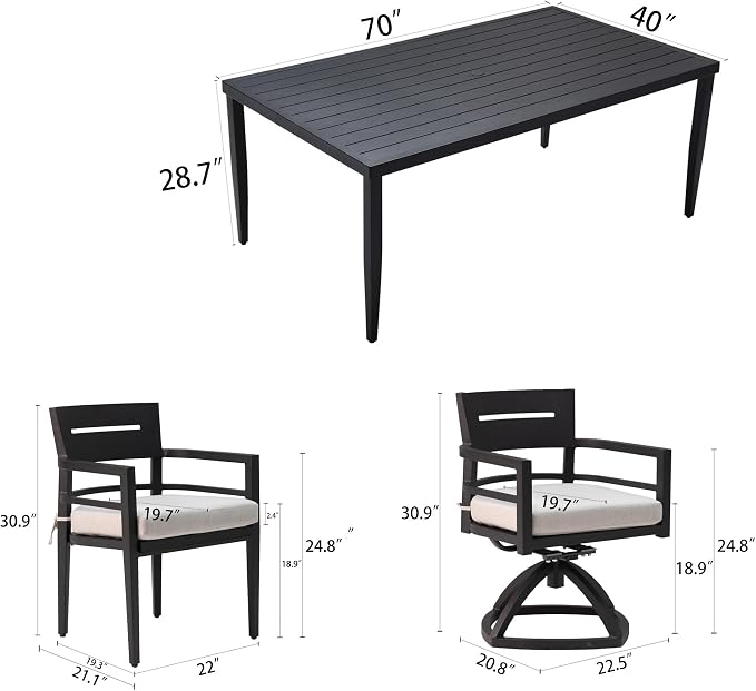 7-Piece Outdoor Patio Aluminum Furniture Set 6-Seat Dining Set with 4 Chairs and 2 Swivel Rockers Rectangle Table with Umbrella Hole Ember Black 70”L x 40”W x 28.7”H