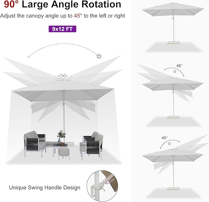 PURPLE LEAF 9' X 12' Right-left Tilt White Cantilever Umbrella with Base Patio Outdoor Swivel Umbrellas with Aluminum Tilt Offset Umbrella with 360° Rotation for Deck Pool, White