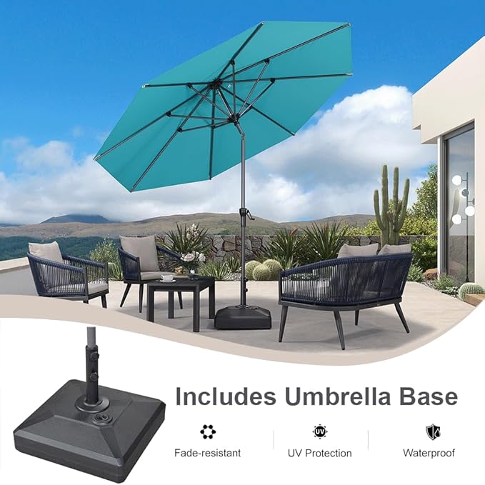 PURPLE LEAF 10' Round Patio Market Umbrella with Base Outdoor Table Umbrellas Aluminum Frame Sun Shade with 8 Sturdy Ribs Tilt for Garden Deck Lawn Pool Turquoise Blue