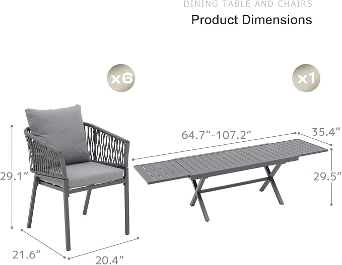 SUNSITT 7 Piece Outdoor Patio Dining Set, 65" - 107" Metal Expandable Outdoor Dining Table with X-Shape Legs, 6 Woven Rope Outdoor Patio Chairs w/Curved Armrest for Garden, Dark Grey