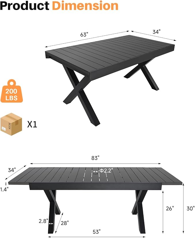 Expandable Outdoor Dining Table for 8, Never-Rust Aluminum Patio Dining Table, 63''-83'' X-Shaped Extendable Dining Table with Umbrella Hole for Garden Deck Indoor or Outdoor Meals, Black