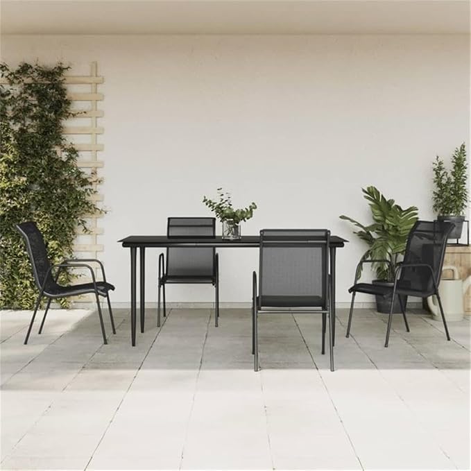 Afuera Living 5 Piece Patio Dining Set, Powder-Coated Steel Frame, Black/Anthracite Finish, Tempered Glass Tabletop, Curved Armrest Chairs, Outdoor Furniture for Garden, Patio, Balcony Dining