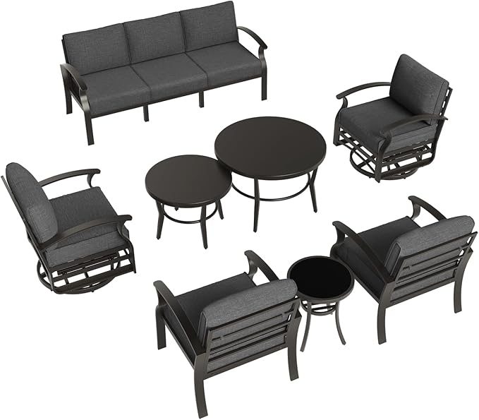 Aluminum Patio Furniture Set,7 Seats Outdoor Sectional with 2 Round Coffee Tables,Patio Conversation Sets w/5.1" Upgraded Thick Cushions for Backyard, Garden and Poolside,Black