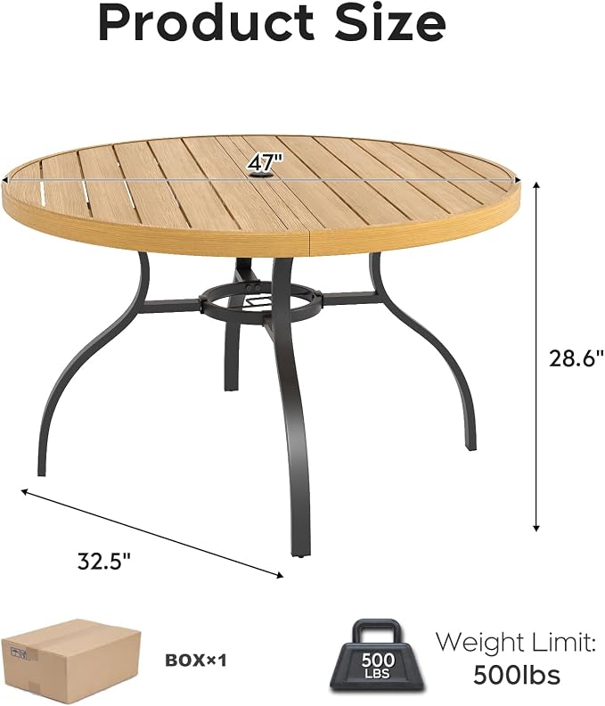 47” Patio Outdoor Dining Table, Wood-Grain Patio Round Table with Umbrella Hole, All-Weather Metal Dining Table for Party, Lawn & Garden