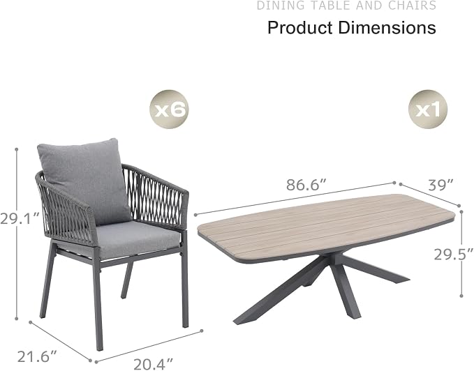 SUNSITT 7 Piece Outdoor Patio Dining Set, Patio Dining Furniture Set with 87” Aluminum Dining Table w/X Base Legs and 6 Woven Rope Outdoor Patio Chairs w/Curved Armrest for Garden, Dark Grey