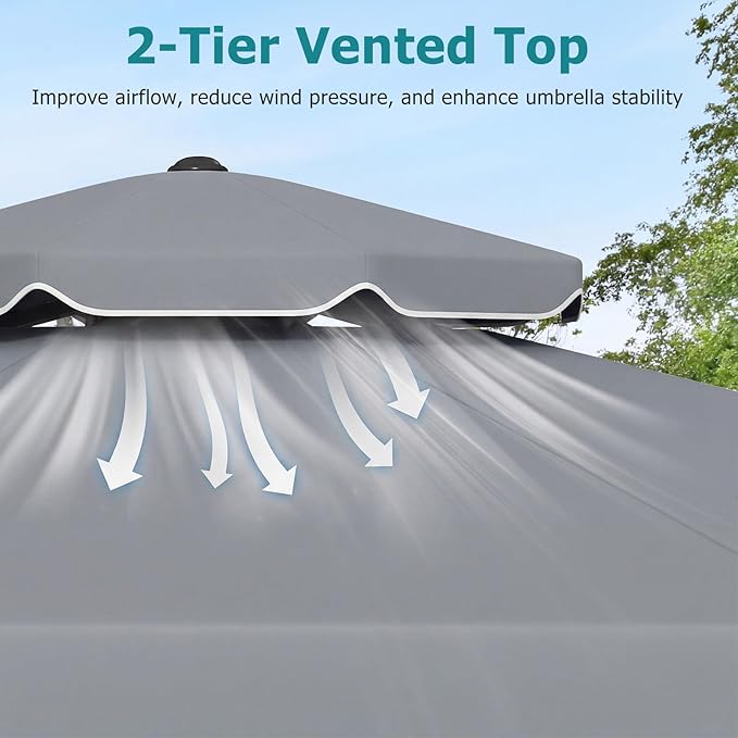 Happygrill 10 FT Patio Umbrella, Scalloped Outdoor Table Market Umbrella with Push Button Tilt & Crank, 2-Tier Vented Top, Heavy-Duty 8 Metal Ribs, Sun-Protective Canopy, Ruffle for Deck Pool Garden (Gray)