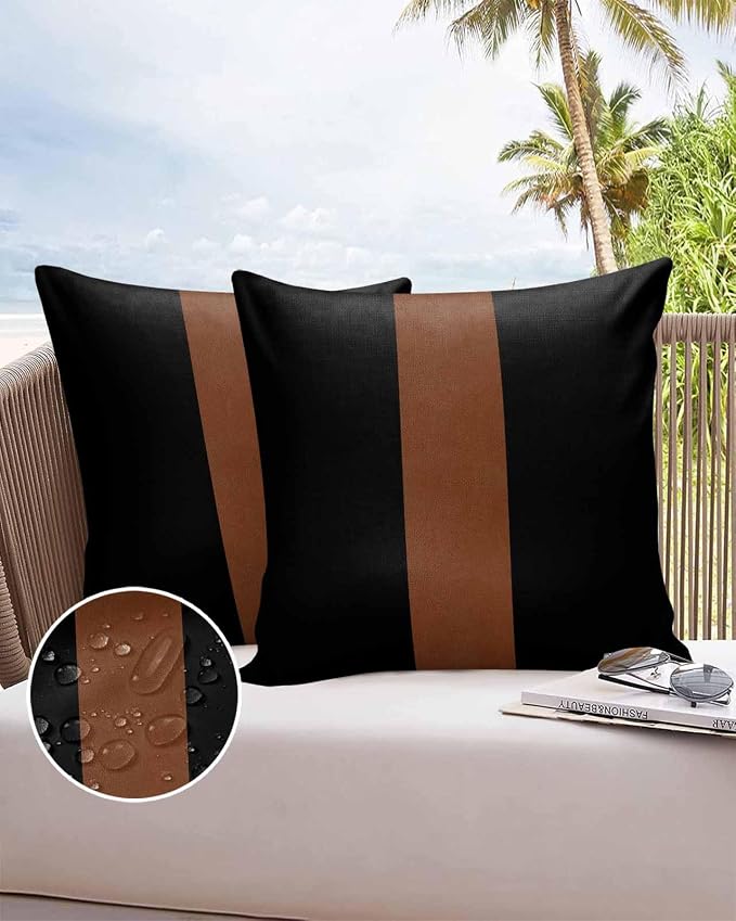 Outdoor Waterproof Throw Pillow Covers 24x24in, Farmhouse Mid Century Cushions for Garden Patio Furniture Chairs Set of 2, Boho Black and Brown Home Decor Couch Sofa Polyester Pillow Cases