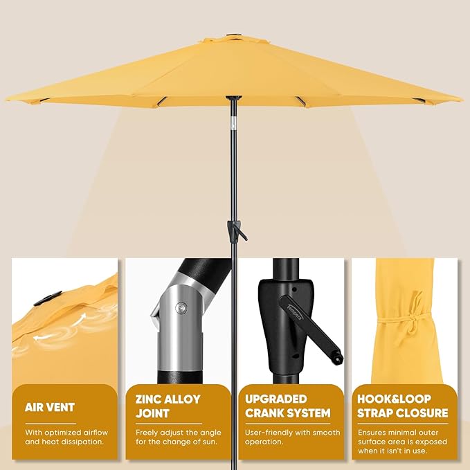 Tempera Patio Market Outdoor Table Umbrella with Auto Tilt and Crank, Large Sun Umbrella with Sturdy Pole & Fade Resistant Canopy, Easy to Set